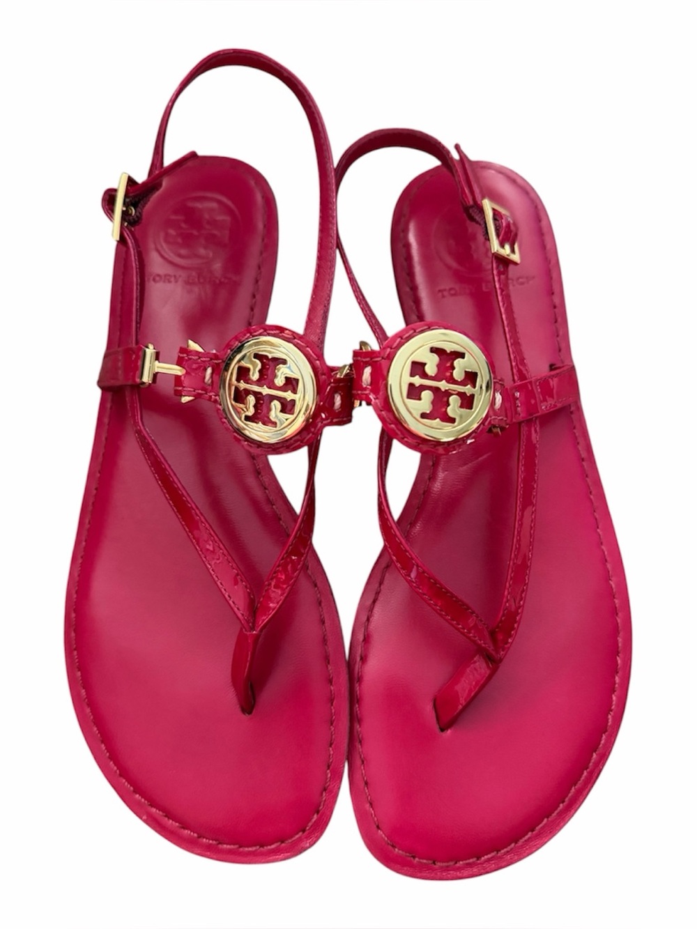 Tory Burch Dillan Flat Patent Leather Thong Sandals Ruby Jewel 6.5